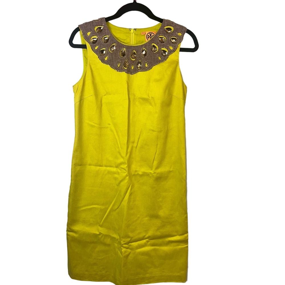 Tory Burch Chartruese Gold Green Linen Dress w Jewel Neckline Size 6